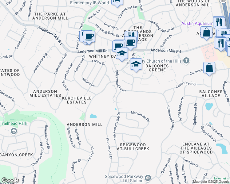 map of restaurants, bars, coffee shops, grocery stores, and more near 11310 Spicewood Parkway in Austin