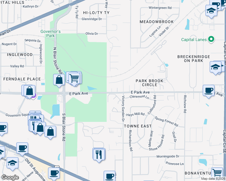 map of restaurants, bars, coffee shops, grocery stores, and more near 2051 Victory Garden Lane in Tallahassee