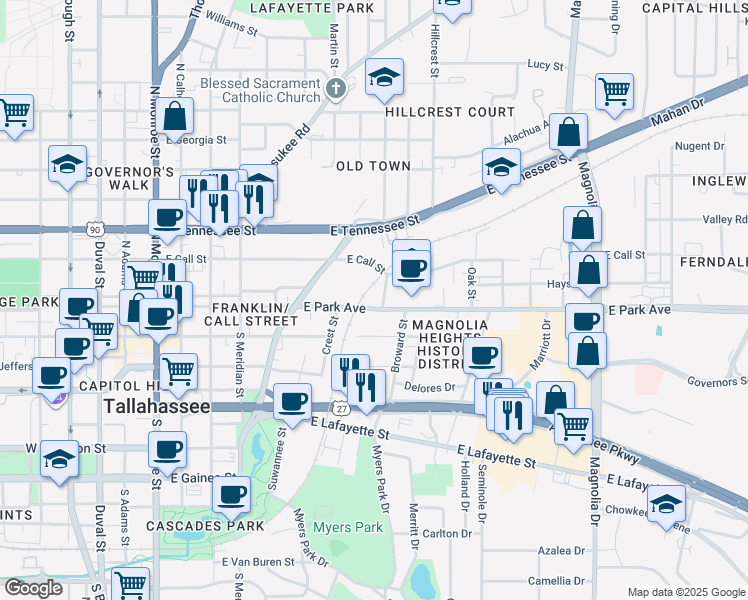 map of restaurants, bars, coffee shops, grocery stores, and more near 118 Cadiz Street in Tallahassee