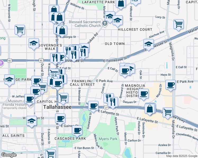 map of restaurants, bars, coffee shops, grocery stores, and more near 557 Beverly Court in Tallahassee