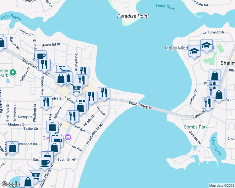 map of restaurants, bars, coffee shops, grocery stores, and more near 810 Eglin Parkway in Fort Walton Beach
