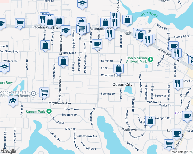 map of restaurants, bars, coffee shops, grocery stores, and more near 400 Woodrow Street Northeast in Fort Walton Beach