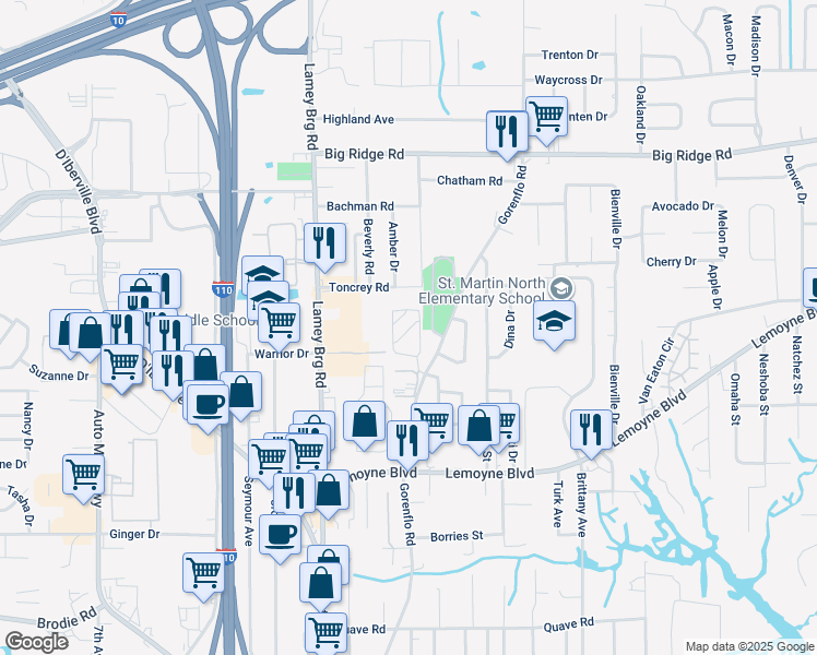 map of restaurants, bars, coffee shops, grocery stores, and more near 611 Peach Street in D'Iberville