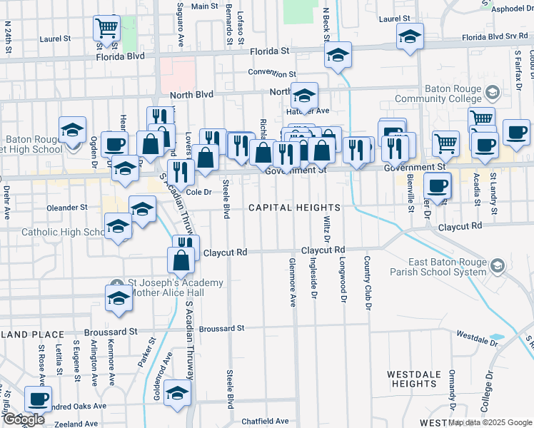 map of restaurants, bars, coffee shops, grocery stores, and more near 655 Edison Street in Baton Rouge