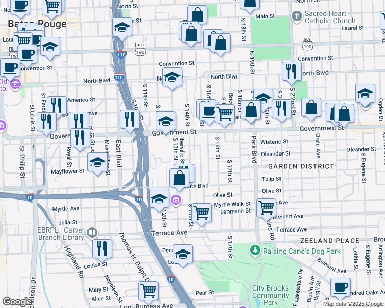 map of restaurants, bars, coffee shops, grocery stores, and more near 602 Wisteria Street in Baton Rouge