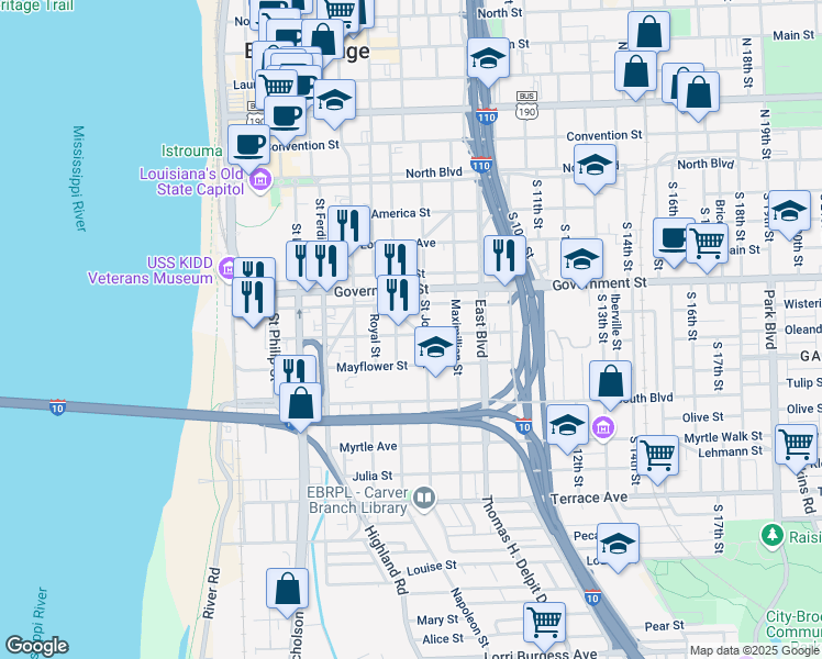 map of restaurants, bars, coffee shops, grocery stores, and more near 630 Beauregard Street in Baton Rouge