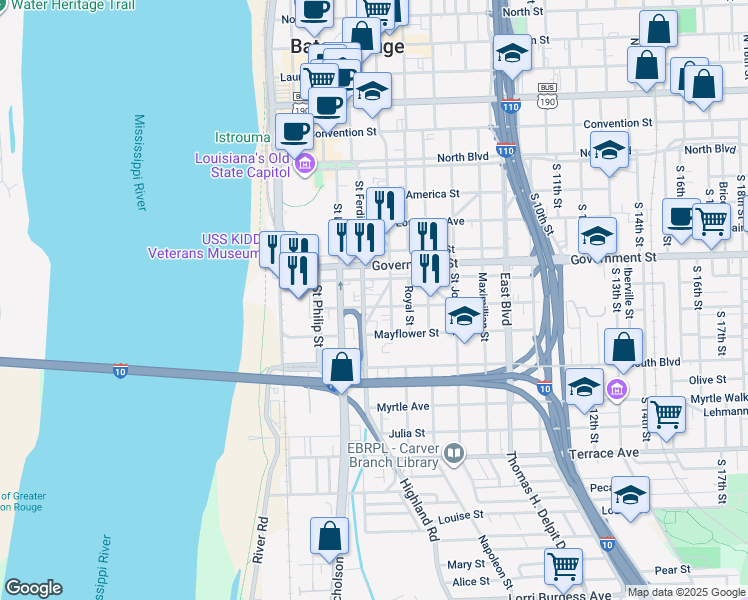 map of restaurants, bars, coffee shops, grocery stores, and more near in Baton Rouge