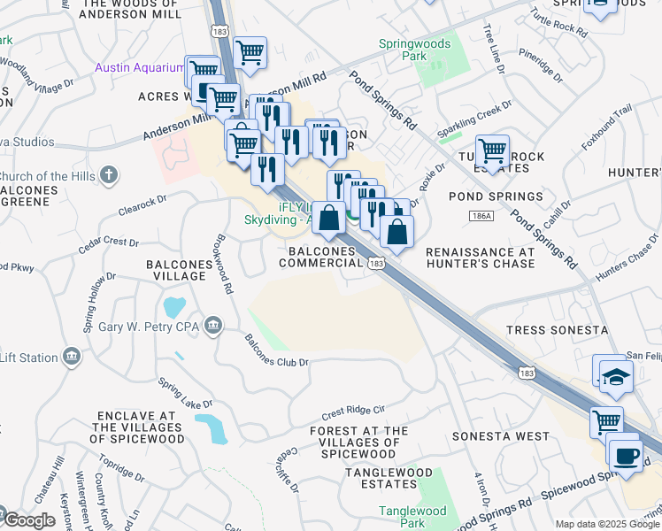 map of restaurants, bars, coffee shops, grocery stores, and more near 9218 Balcones Club Drive in Austin