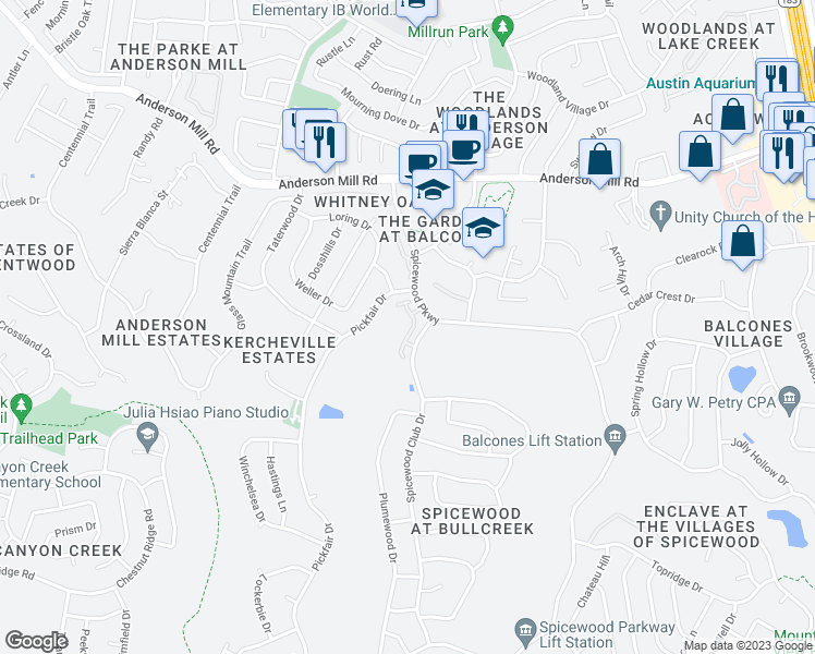 map of restaurants, bars, coffee shops, grocery stores, and more near 11310 Spicewood Parkway in Austin