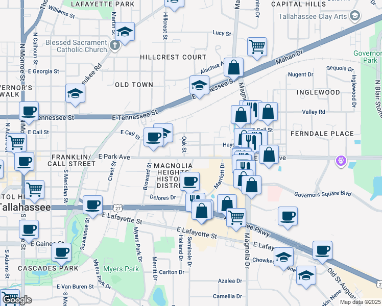 map of restaurants, bars, coffee shops, grocery stores, and more near 910 East Park Avenue in Tallahassee