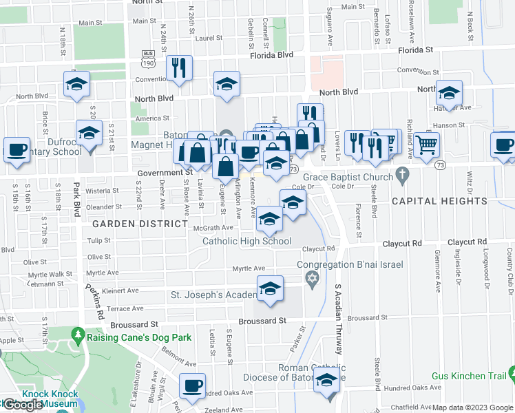 map of restaurants, bars, coffee shops, grocery stores, and more near 743 Kenmore Avenue in Baton Rouge