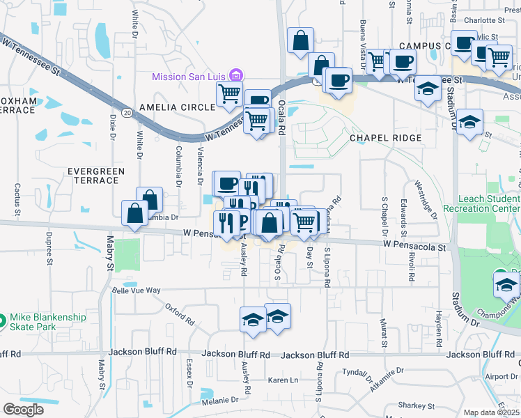 map of restaurants, bars, coffee shops, grocery stores, and more near 2020 West Pensacola Street in Tallahassee