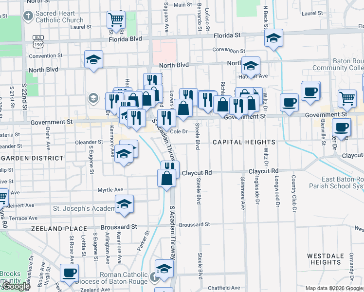 map of restaurants, bars, coffee shops, grocery stores, and more near 3617 Capital Heights Avenue in Baton Rouge