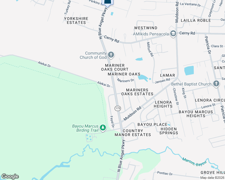 map of restaurants, bars, coffee shops, grocery stores, and more near 3525 North Blue Angel Parkway in Pensacola