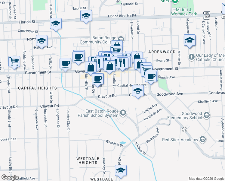 map of restaurants, bars, coffee shops, grocery stores, and more near 710 Acadia Street in Baton Rouge