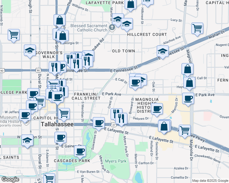 map of restaurants, bars, coffee shops, grocery stores, and more near 648 East Park Avenue in Tallahassee