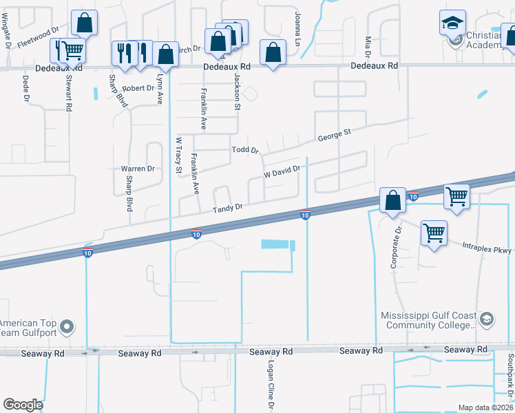 map of restaurants, bars, coffee shops, grocery stores, and more near 2526 Tandy Drive in Gulfport