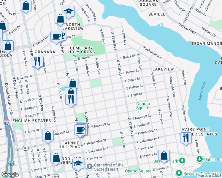 map of restaurants, bars, coffee shops, grocery stores, and more near 1531 East Cross Street in Pensacola