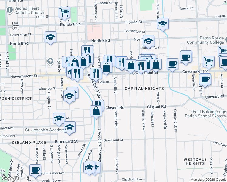 map of restaurants, bars, coffee shops, grocery stores, and more near 3756 Capital Heights Avenue in Baton Rouge
