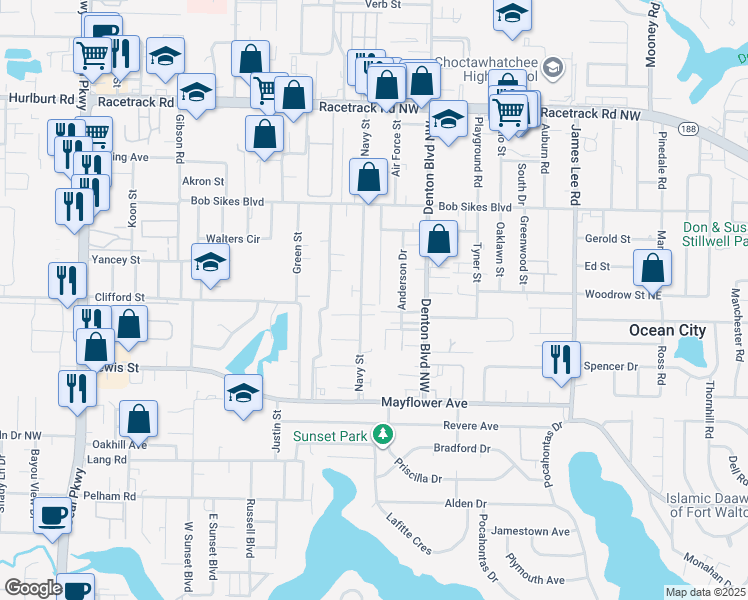map of restaurants, bars, coffee shops, grocery stores, and more near 2413 Suwanee Lane in Fort Walton Beach
