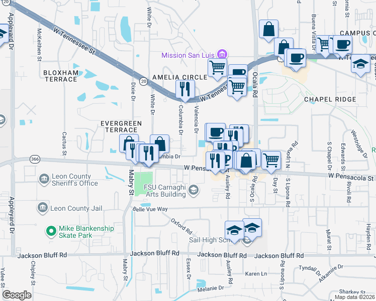 map of restaurants, bars, coffee shops, grocery stores, and more near 120 Valencia Drive in Tallahassee