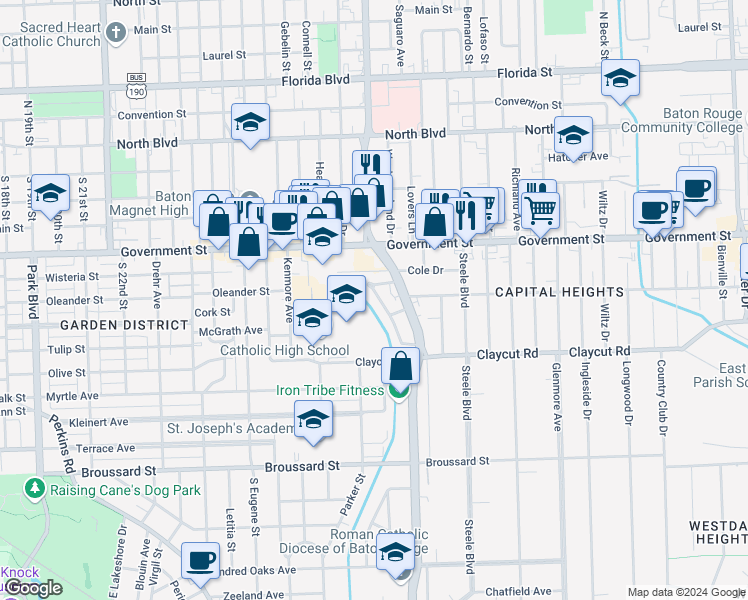 map of restaurants, bars, coffee shops, grocery stores, and more near 642 Carol Marie Drive in Baton Rouge