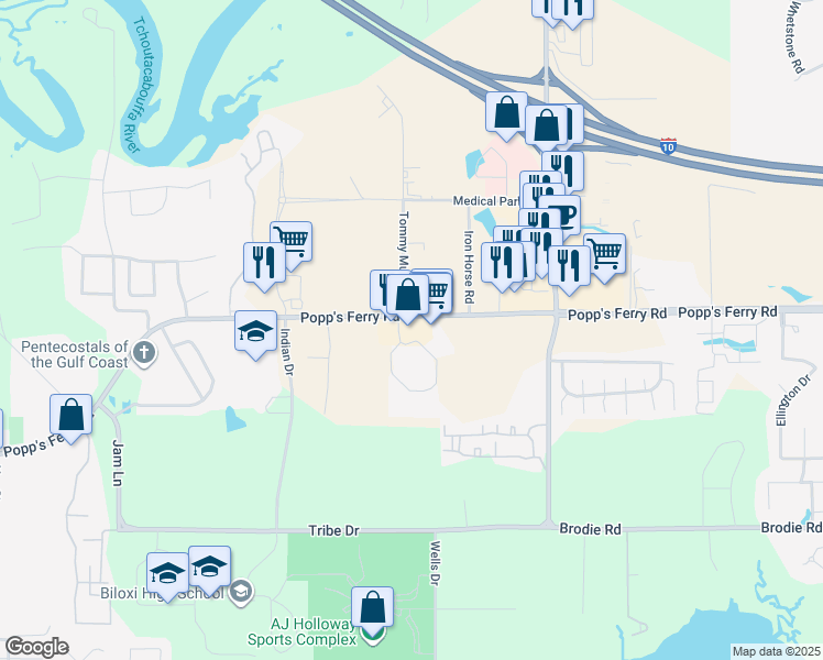 map of restaurants, bars, coffee shops, grocery stores, and more near 1760 Popp's Ferry Road in Biloxi