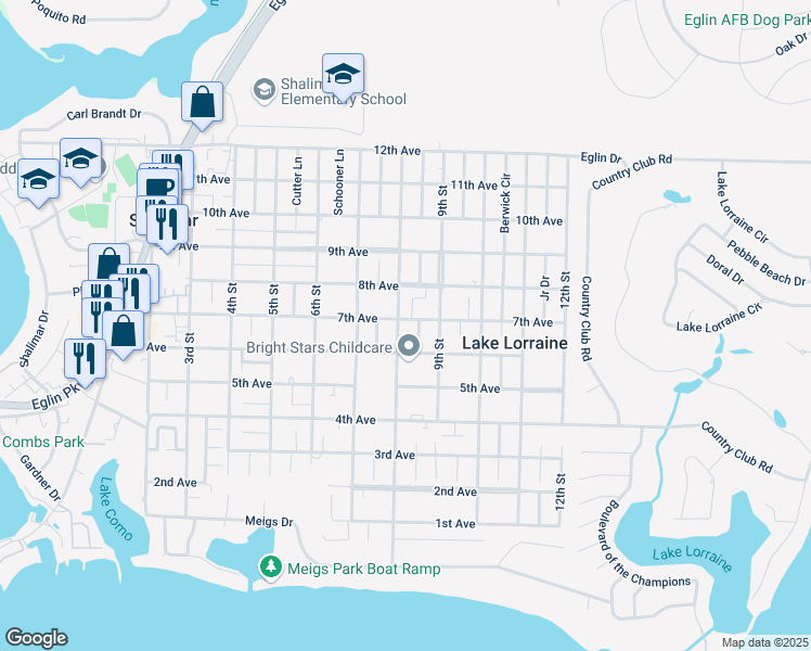 map of restaurants, bars, coffee shops, grocery stores, and more near 48 8th Street in Shalimar