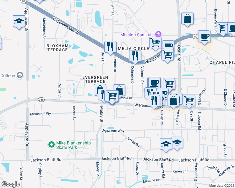 map of restaurants, bars, coffee shops, grocery stores, and more near 123 White Drive in Tallahassee