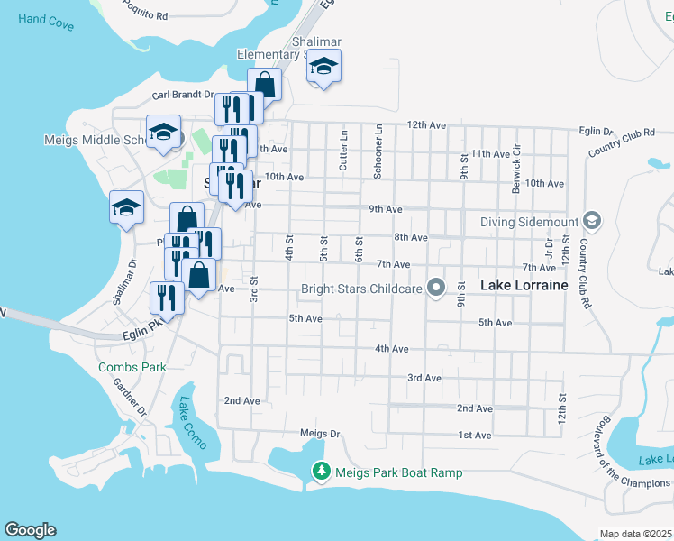 map of restaurants, bars, coffee shops, grocery stores, and more near 42 7th Avenue in Shalimar