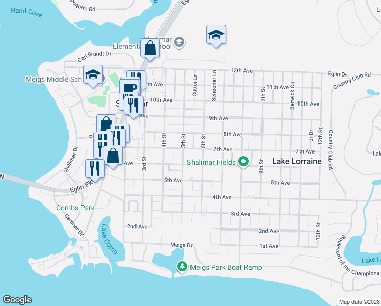 map of restaurants, bars, coffee shops, grocery stores, and more near 42 7th Avenue in Shalimar