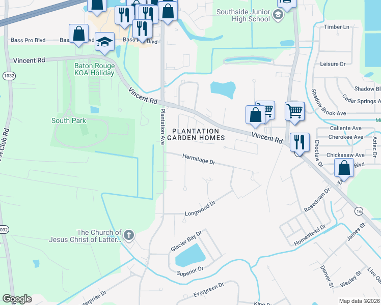 map of restaurants, bars, coffee shops, grocery stores, and more near 7995 Hermitage Drive in Denham Springs