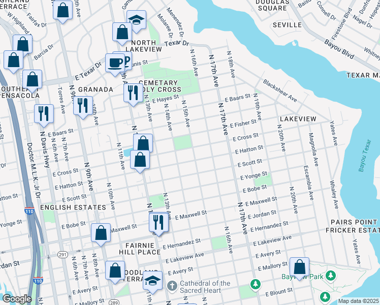 map of restaurants, bars, coffee shops, grocery stores, and more near 1421 East Cross Street in Pensacola