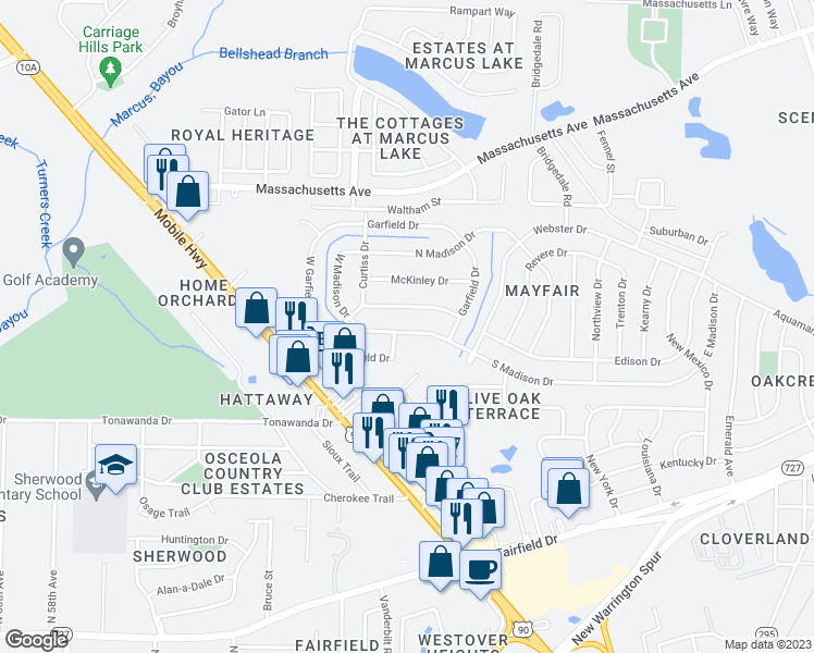 map of restaurants, bars, coffee shops, grocery stores, and more near 79 South Madison Drive in Pensacola