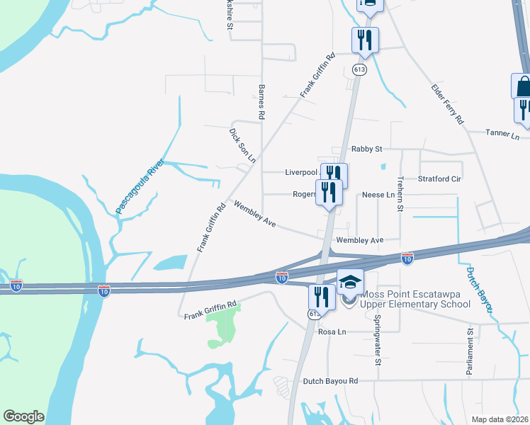 map of restaurants, bars, coffee shops, grocery stores, and more near 6917 Barnes Road in Moss Point