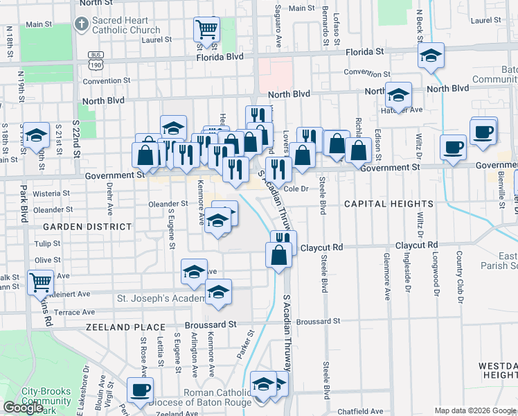 map of restaurants, bars, coffee shops, grocery stores, and more near 608D Carol Marie Drive in Baton Rouge
