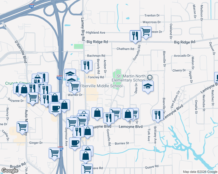 map of restaurants, bars, coffee shops, grocery stores, and more near 609 Peach Street in D'Iberville