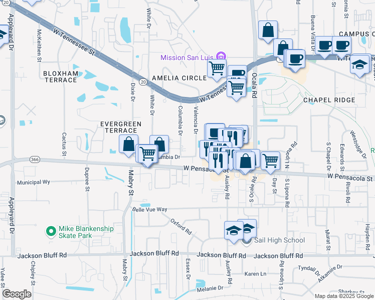 map of restaurants, bars, coffee shops, grocery stores, and more near 111 Columbia Drive in Tallahassee