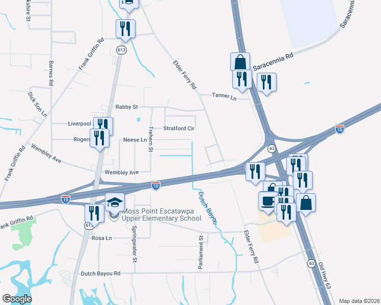 map of restaurants, bars, coffee shops, grocery stores, and more near 4404 Adcock Street in Moss Point