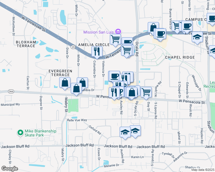 map of restaurants, bars, coffee shops, grocery stores, and more near 2020 West Pensacola Street in Tallahassee