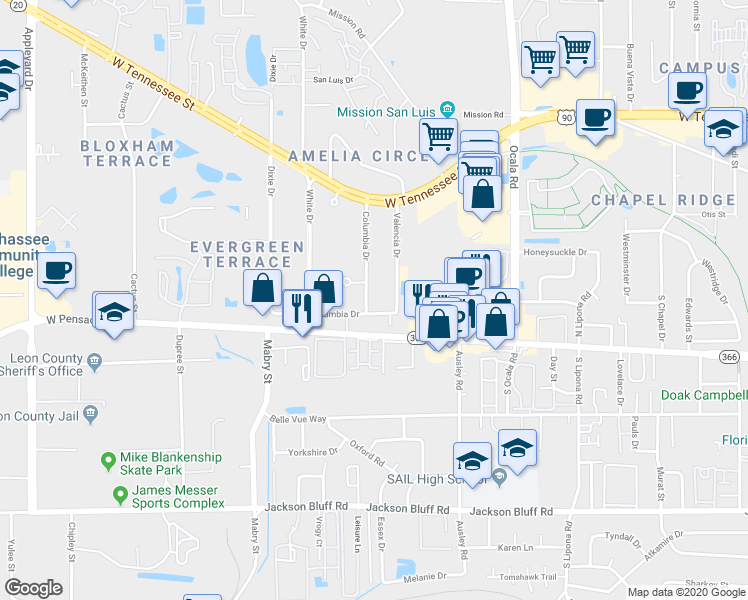 map of restaurants, bars, coffee shops, grocery stores, and more near 120 Valencia Drive in Tallahassee