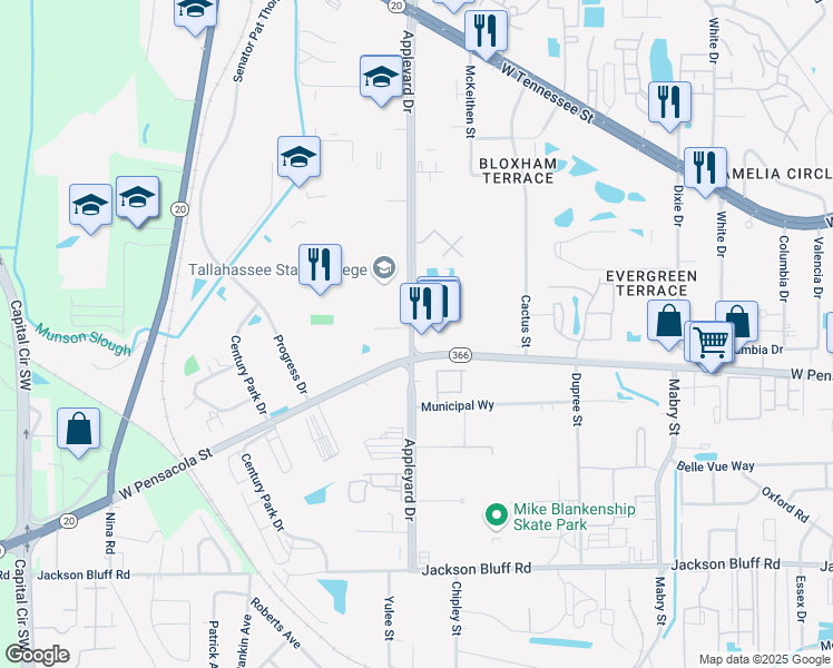 map of restaurants, bars, coffee shops, grocery stores, and more near 3030 West Pensacola Street in Tallahassee