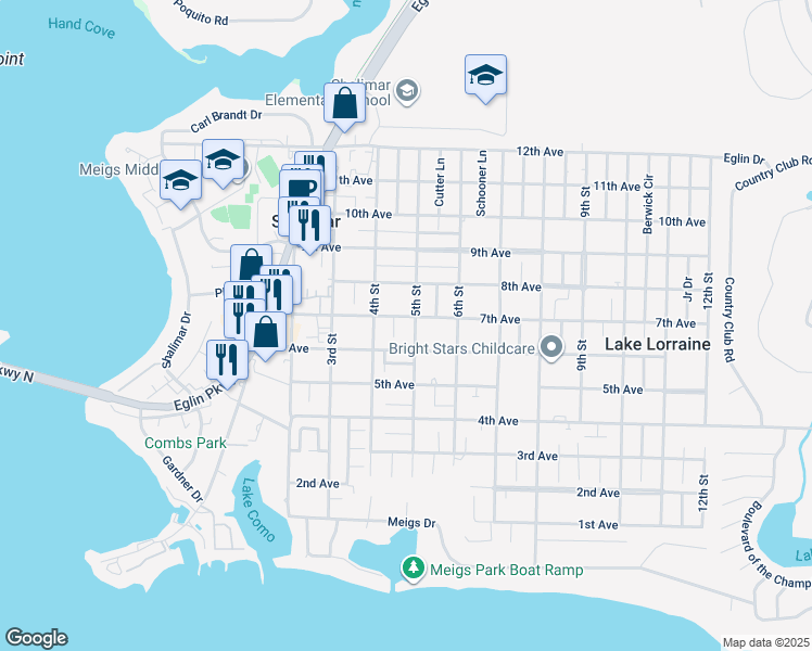 map of restaurants, bars, coffee shops, grocery stores, and more near 35 7th Avenue in Shalimar
