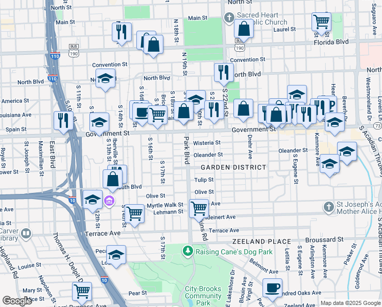 map of restaurants, bars, coffee shops, grocery stores, and more near 1930 Wisteria Street in Baton Rouge