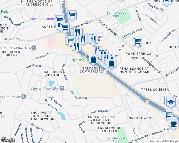 map of restaurants, bars, coffee shops, grocery stores, and more near 9218 Balcones Club Drive in Austin