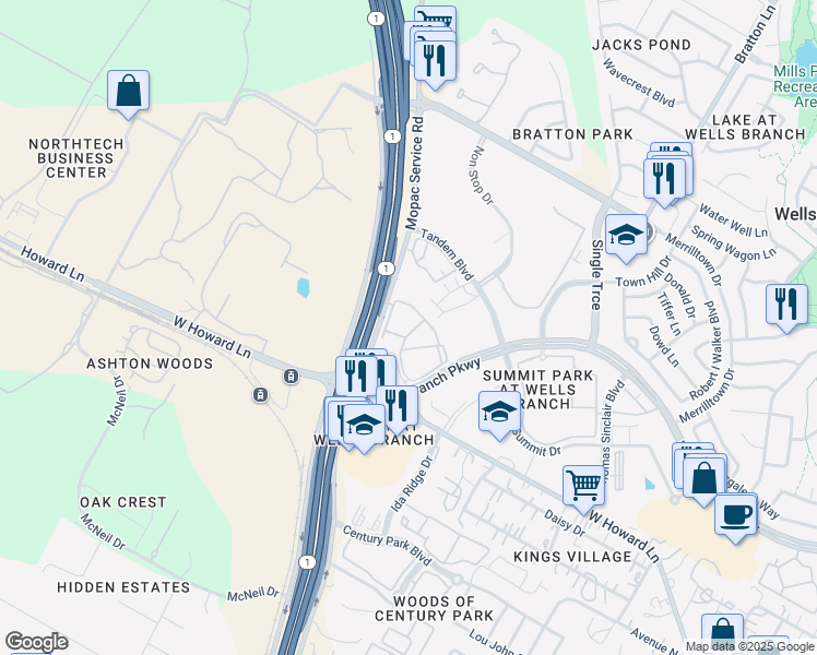 map of restaurants, bars, coffee shops, grocery stores, and more near 14007 North Mopac Expressway in Austin