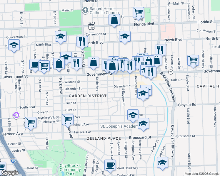 map of restaurants, bars, coffee shops, grocery stores, and more near 2357 Oleander Street in Baton Rouge