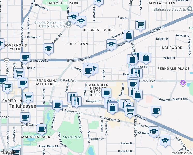map of restaurants, bars, coffee shops, grocery stores, and more near 830 East Park Avenue in Tallahassee