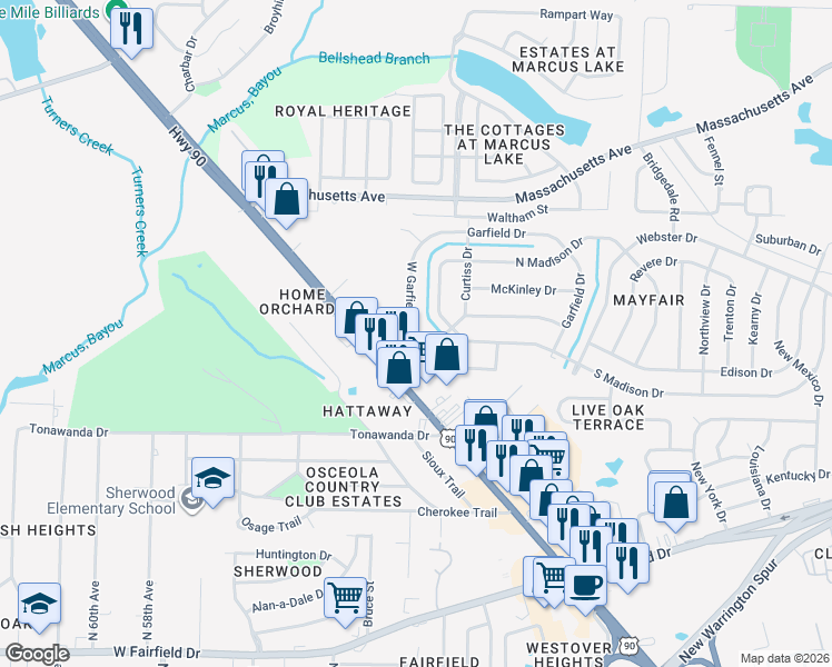 map of restaurants, bars, coffee shops, grocery stores, and more near 104 West Garfield Drive in Pensacola