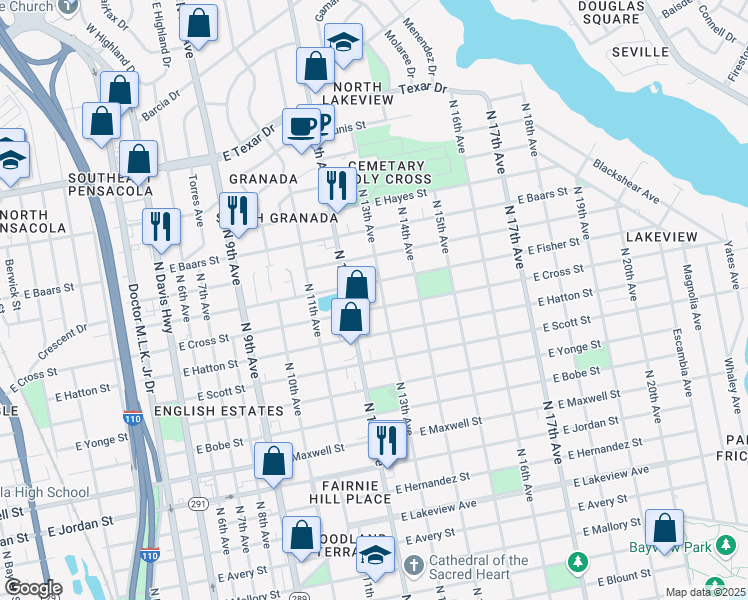 map of restaurants, bars, coffee shops, grocery stores, and more near 1222 East Cross Street in Pensacola
